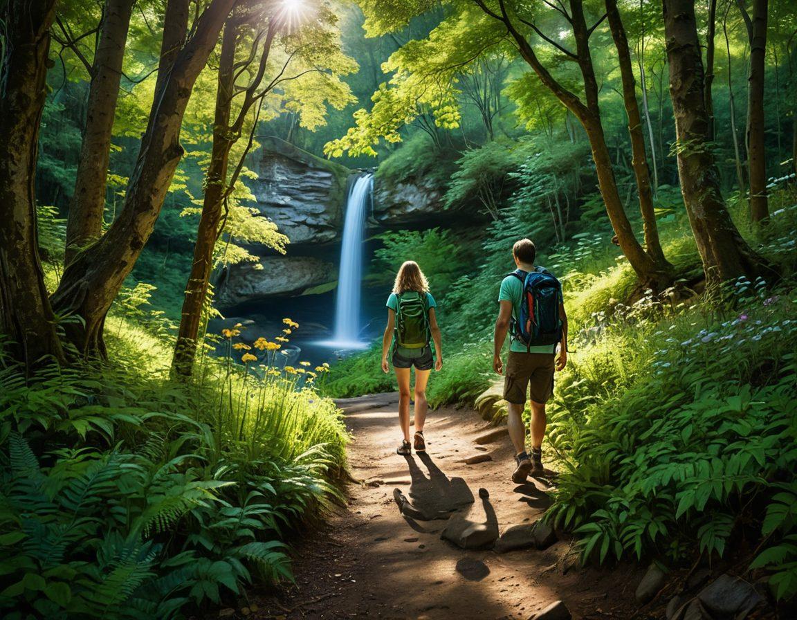 A picturesque hidden gem showcasing an enchanting forest trail leading to a secret waterfall, surrounded by lush greenery and vibrant wildflowers. A couple is seen joyfully exploring with backpacks, while sunlight filters through the trees, creating a magical atmosphere. A hint of adventure and discovery enhances the scene. super-realistic. vibrant colors.