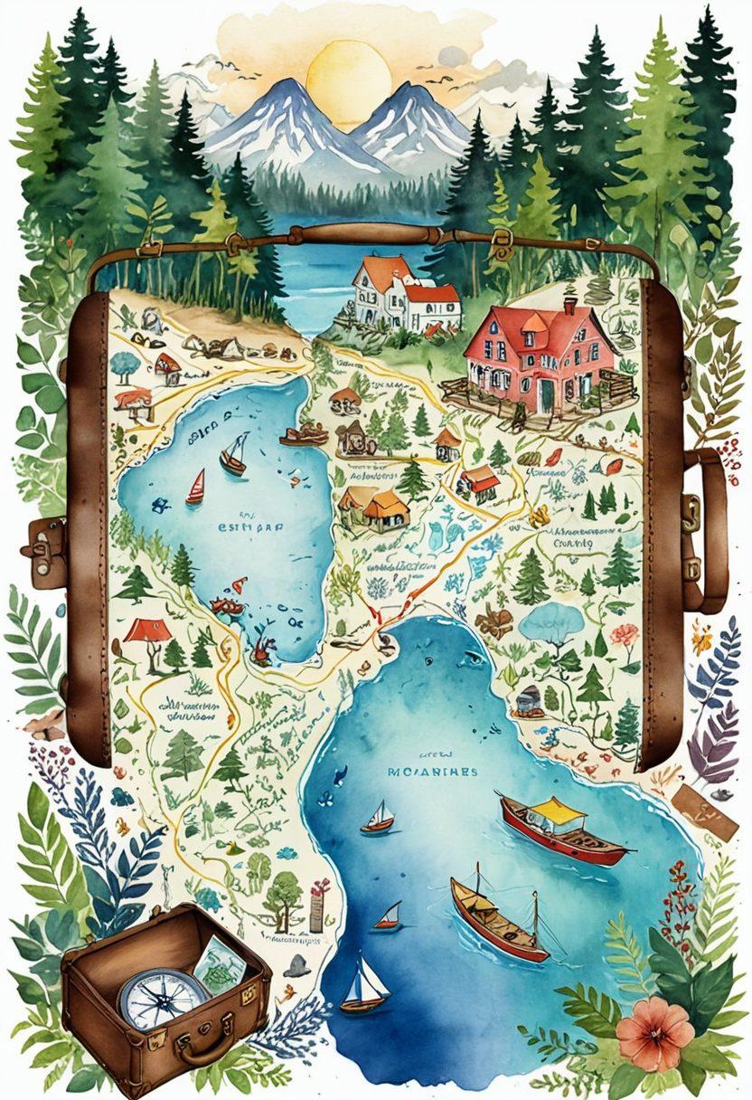 A whimsical map covered in vibrant, hand-drawn illustrations of unique getaway locations like hidden beaches, mystical forests, and charming villages. Include a compass, a vintage suitcase, and travel paraphernalia scattered around, signifying adventure and exploration. The overall mood should be adventurous and inviting, enticing viewers to wander off the beaten path. watercolor style. vibrant colors. white background.